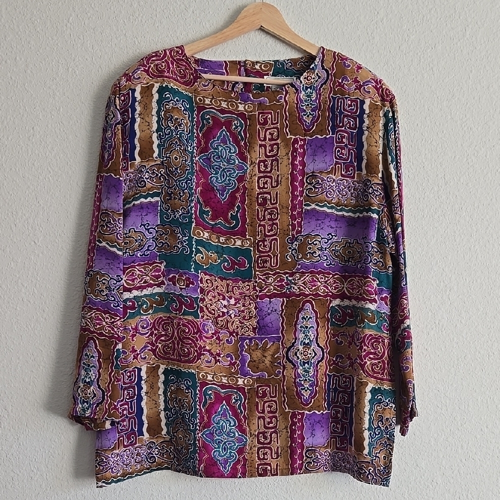Vintage Norah Noh Colorful Patchwork Print Tunic Top With Shoulder Pads Grandma